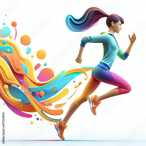 a girl in sportswear runs on a white background with colorful splashes. ai generative