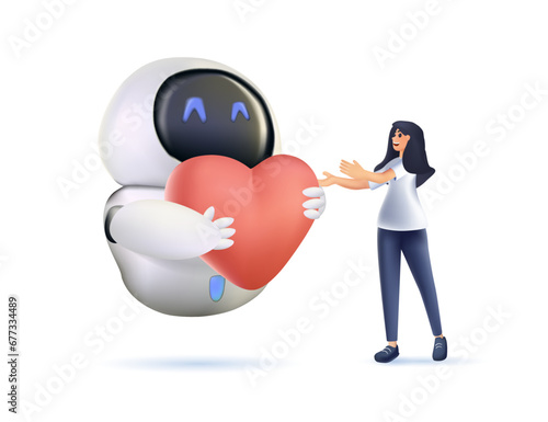 Artificial intelligence love, human and robotic concept 3D. Human and robot hands holding red heart together as symbol