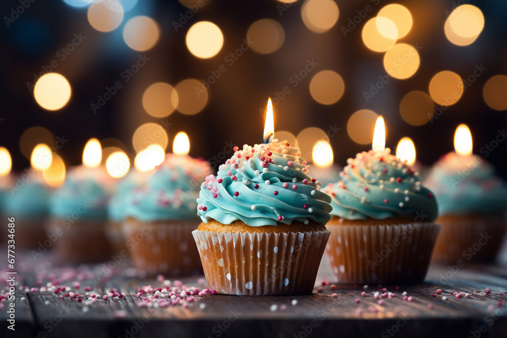 Cupcake with a candle, Birthday concept. Colorful creamy cupcakes. AI Cupcake with a candle, Birthday concept. Colorful creamy cupcakes. AI