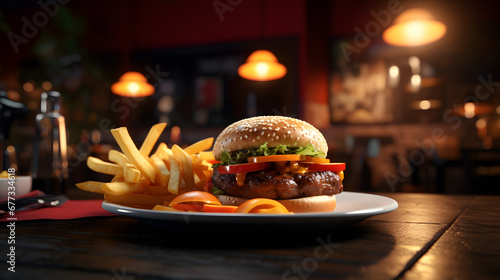burger and fries, hamburger and fries on a table, hamburger advertising photography