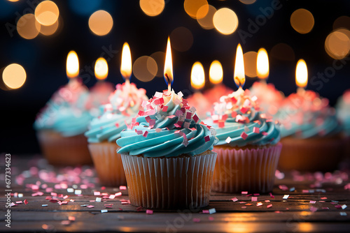 Cupcake with a candle, Birthday concept. Colorful creamy cupcakes. AI