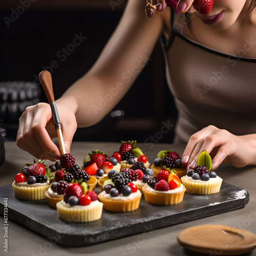Female pastry chef decorating tartlets with fresh berries. closeup