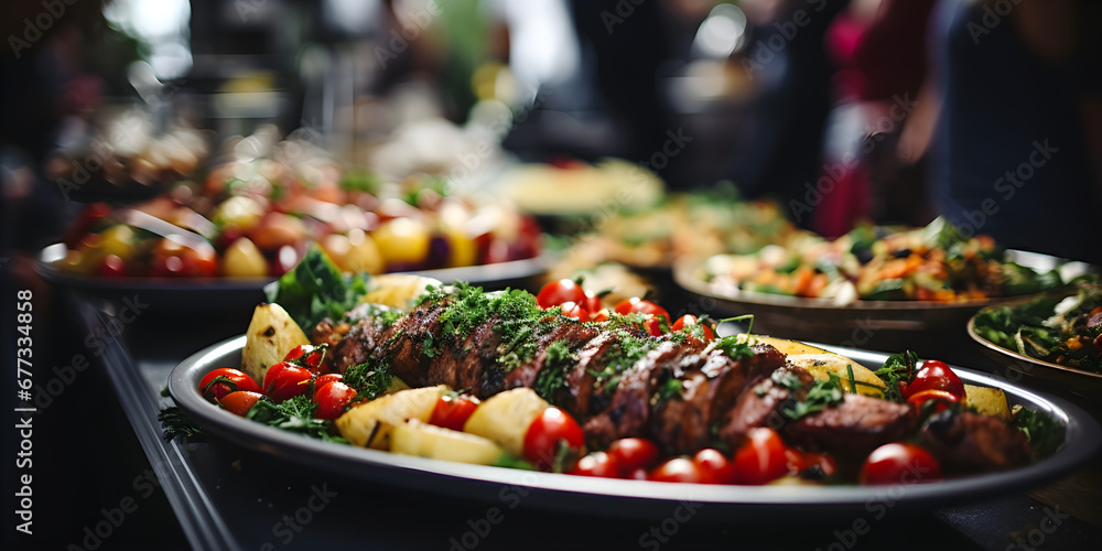 Catering buffet with colorful fruits, vegetables, and meat indoors at a restaurant,