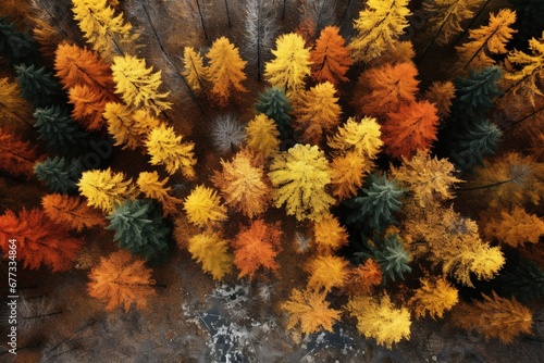 Aerial view of a forest in autumn, highlighting the asymmetry of tree canopies