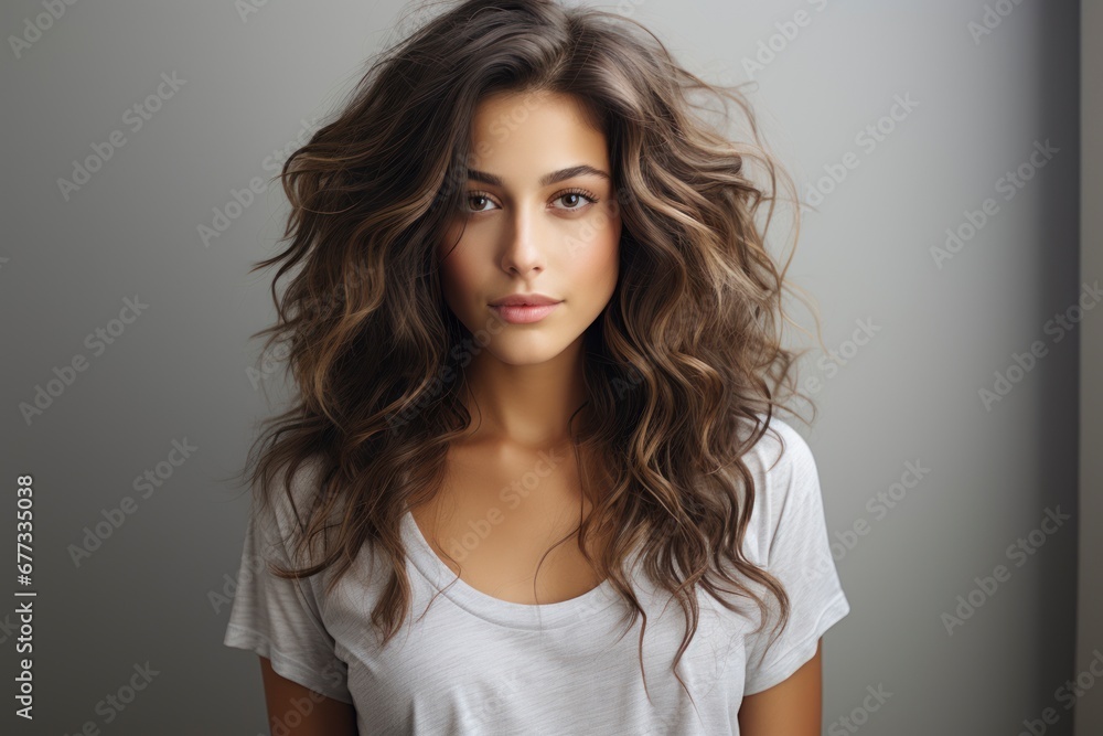 Photo of a young woman with luxurious long hair, dressed in a white t-shirt. Photo of a young woman with luxurious long hair, dressed in a white t-shirt.