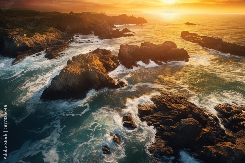 Aerial view of a jagged coastline at sunset with the golden light reflecting on tide pools