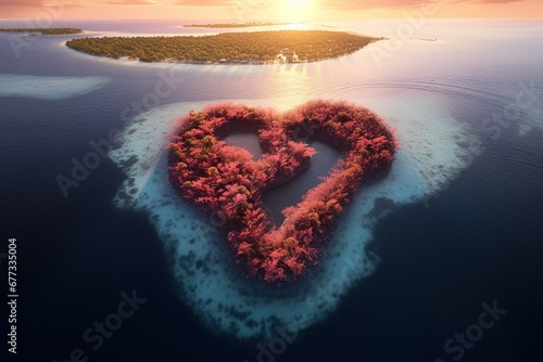 Aerial view of a heart-shaped island surrounded by coral reefs at sunset © Dan