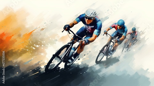 Cyclist athletes riding a race at high speed. Cycling competition water colour art illustration. generative AI photo