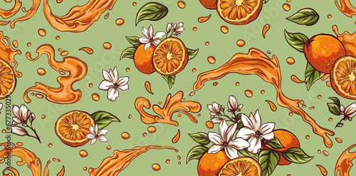 Kahlua orange liqueur for cocktails pattern, Splash of orange paint. Fruit juice. Set of hand drawn realistic vector design elements, abstract orange spiral curls and waves.