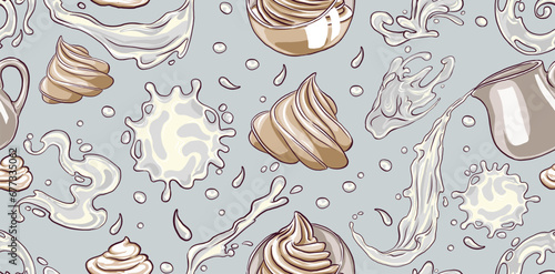 Milk splash pattern, vector isolated liquid waves of cream, realistic, set on transparent background. Drops of milk cream, abstract white spiral curls and waves, caps of cream, Baileys cream liqueur