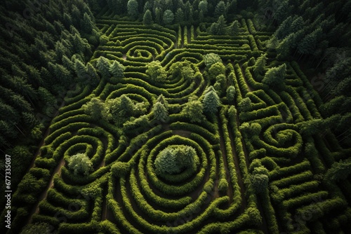 Aerial view of a labyrinthine forest path created by alternating rows of evergreen and deciduous trees
