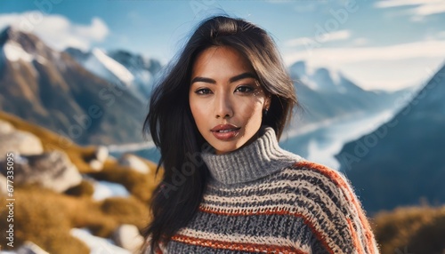 Fotoshooting in the mountains: Portait of a young beautiful model in mountain scenery with norwegian sweater
