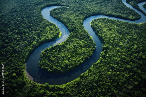 Aerial view of an oxbow lake shaped like a horseshoe, surrounded by a dense forest photo