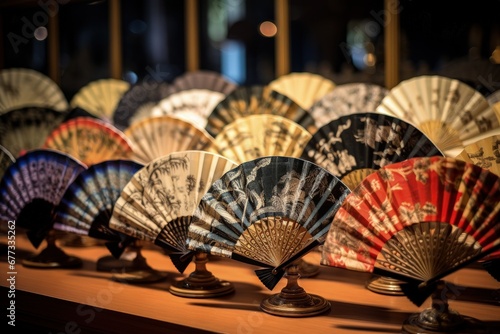 Colorful Chinese Fans Displayed on Wooden Table