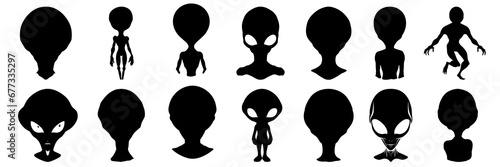 Alien silhouettes set, large pack of vector silhouette design, isolated white background