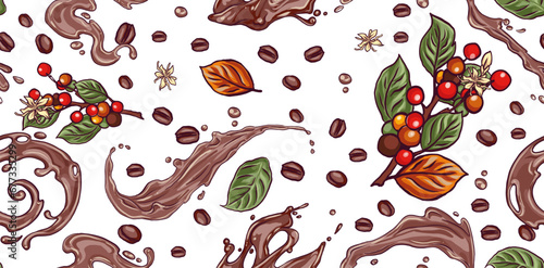 Coffee liqueur pattern, botanical seamless pattern with coffee branches and drops and splashes in beans, Set of hand drawn realistic vector design elements,