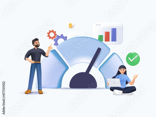 Benchmarking concept 3D illustration. Comparing business process, indicator, performance metrics to bests. Measuring, testing with analysis charts. 3D graphic vector illustrations set isolated white