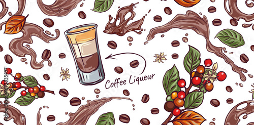 seamless pattern B-52 Cocktail, hand drawn, bar alcoholic drink with coffee liqueur recipe, Typography for poster, t-shirt or banner.