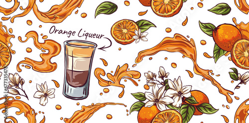 seamless pattern B-52 Cocktail, hand drawn, bar alcoholic drink with Kahlua orange liqueur recipe, Flat design. Typography for poster, t-shirt or banner.