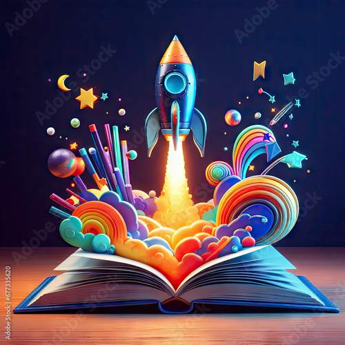 a rocket flying out of an open book. concept of pursuit of knowledge. ai generative