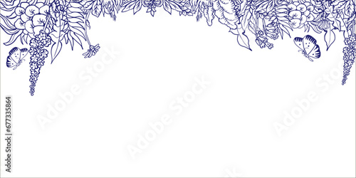 Vector by hand drawing botanical banner with wild plants and butterfly on white. Floral design for natural cosmetics, perfume,women products. Can be used as greeting card,wedding invitation.