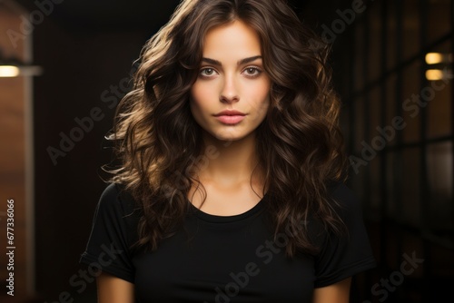 Photo of a young woman with luxurious long hair, dressed in a black t-shirt.