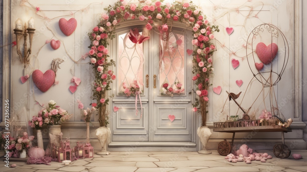  a room that has a bunch of pink flowers on the wall and a bunch of hearts on the door and windows.