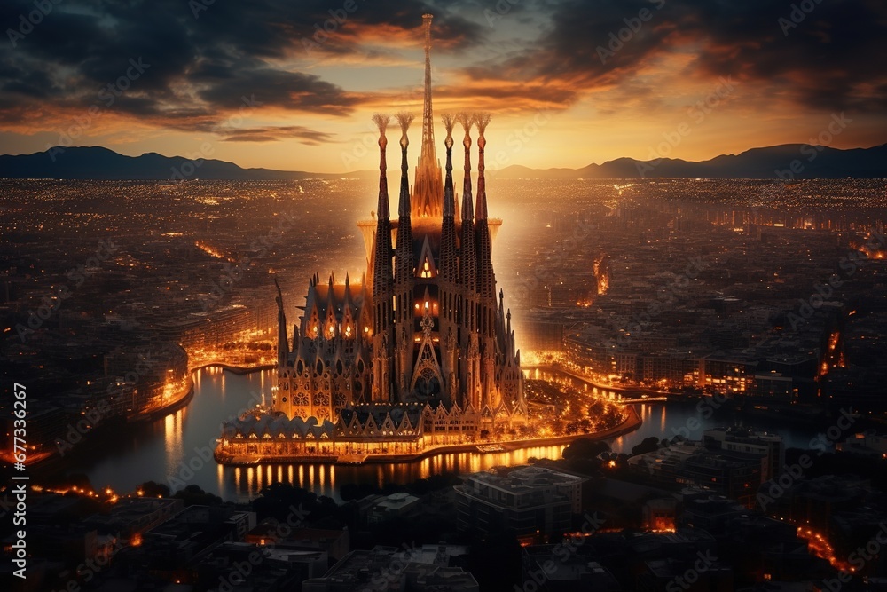 Aerial view of Sagrada Familia during sunset with city lights
