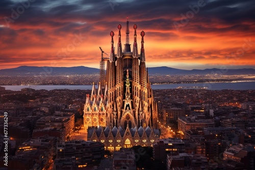 Aerial view of Sagrada Familia during sunset with city lights © Dan