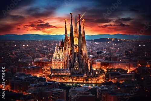 Aerial view of Sagrada Familia during sunset with city lights