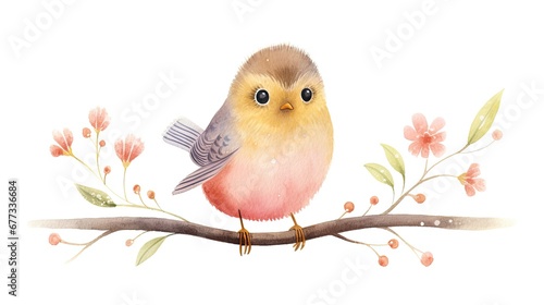  a watercolor painting of a little bird sitting on a branch with pink flowers on it's back end. photo
