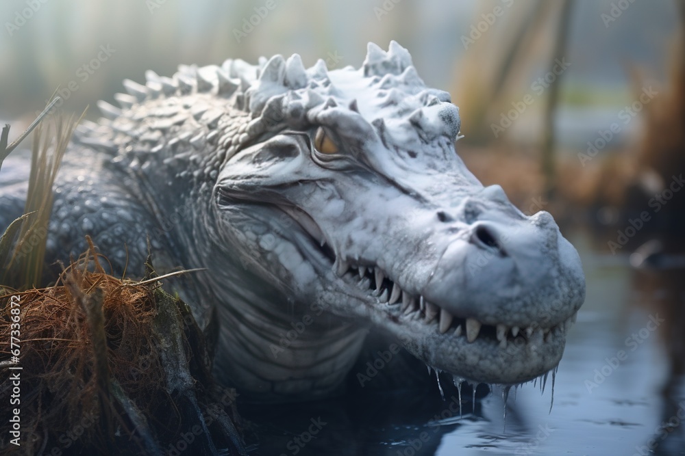 Alligator with frost on its back in a cold swamp Alligator with frost on its back in a cold swamp