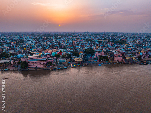 Varanasi India - Sunset from Drone