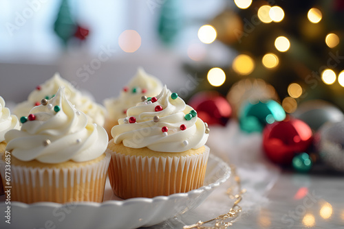 Christmas Cupcakes with colorful sprinkles on top  christmas tree and ornaments in the background. Copy space. Holiday mood