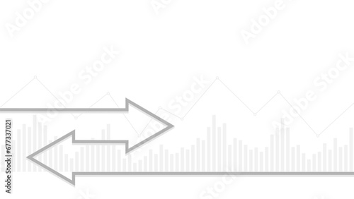 Financial chart background. Sideways market trend. Vector design in gray and white colors with arrows pointing to the sides, bar and line graphs.