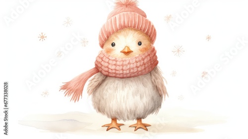  a watercolor painting of a chicken wearing a knitted hat, scarf, and boots with snowflakes in the background. © Anna