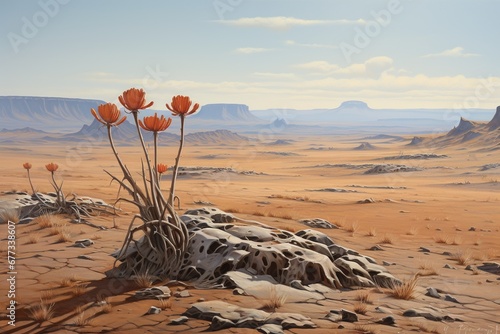 Barren desert landscape with a lone welwitschia photo