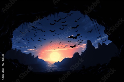 Bats exiting a cave at twilight, silhouetted against the sky