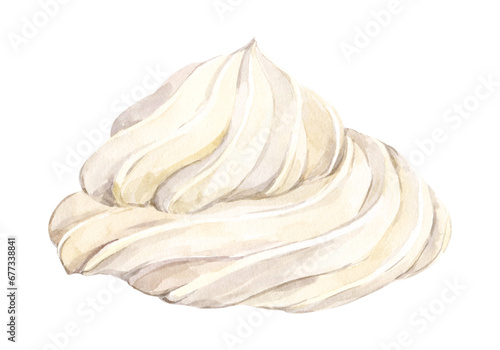 Whirlpool of whipped cream on a transparent background. Watercolor realistic illustration of white meringue. Vanilla ice cream for decorating the cake. photo