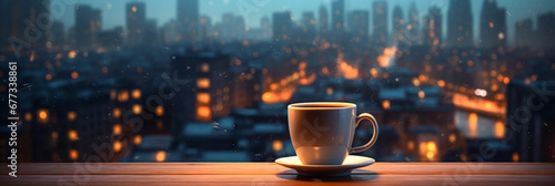 Coffee cup on wooden table over city background. 