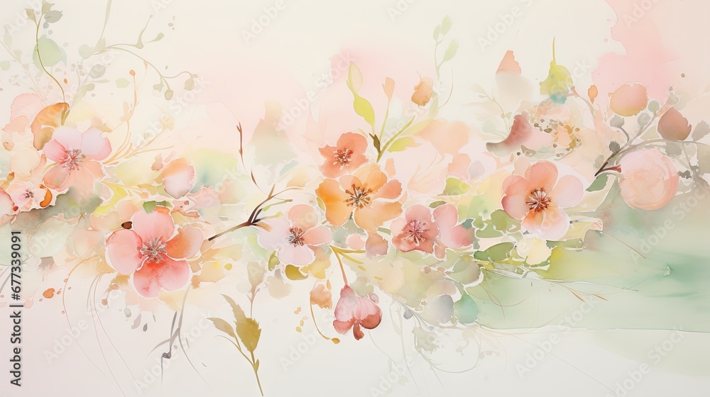 a painting of a bunch of flowers on a white background with a pink and green design on the bottom half of the frame. a painting of a bunch of flowers on a white background with a pink and green design on the bottom half of the frame.