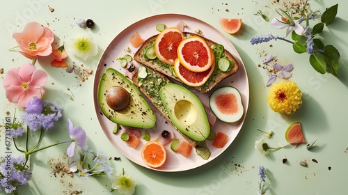  a plate of food with avocado, grapefruit, grapefruit, and grapefruit slices.