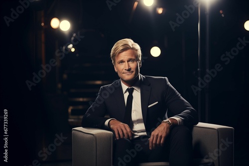gordon ramsay sitting in a white chair with lights on him photo
