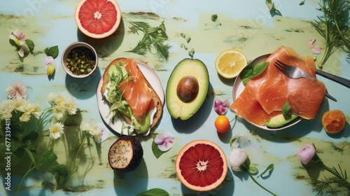  a table topped with plates of food next to a bowl of fruit and a plate of avocado and grapefruit.