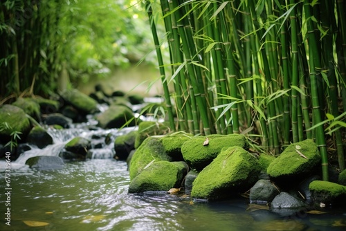 Bamboo grove with shoots skirting a tranquil stream