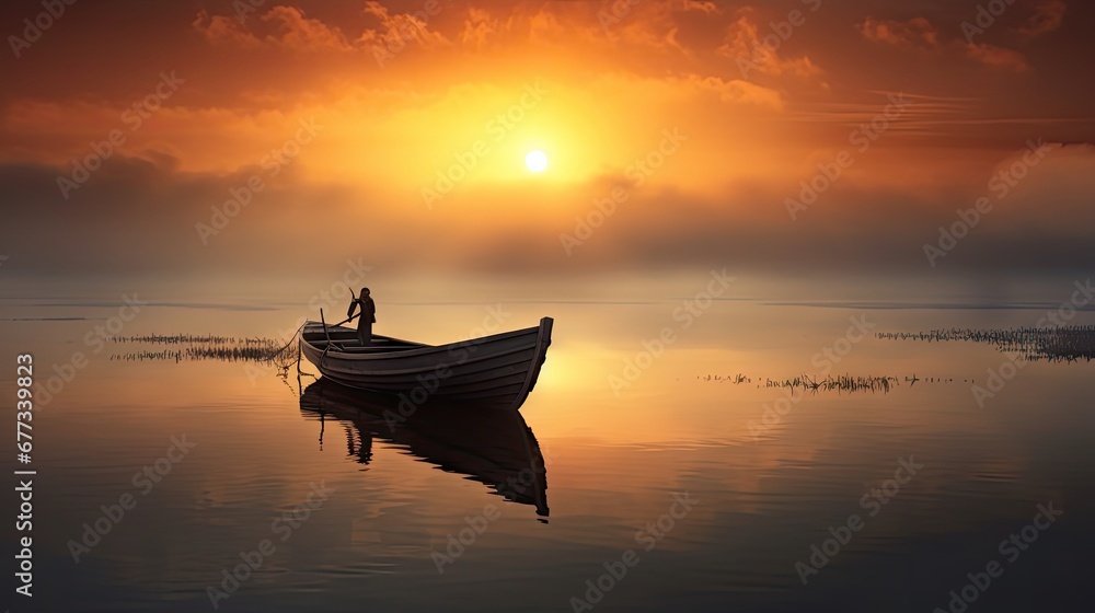  a man standing on a boat in the middle of a body of water with the sun setting in the background.