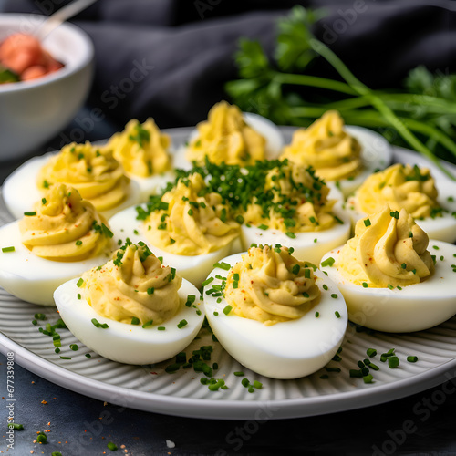 Boiled deviled eggs with mayonnaise and herbs on a plate
