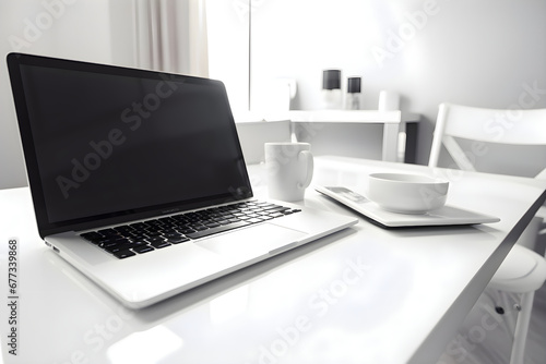 Laptop and coffee cup on white table. 3d rendering.
