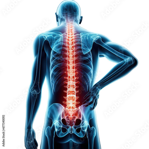 Human backbone in x-ray, back Pain, on a transparent background #677340092
