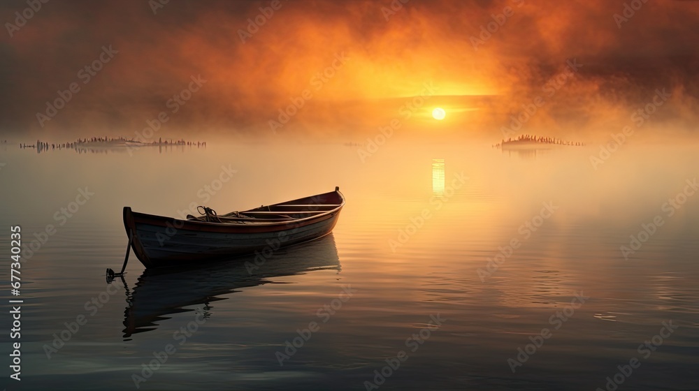  a boat floating on top of a body of water under a sky filled with lots of orange and yellow clouds.